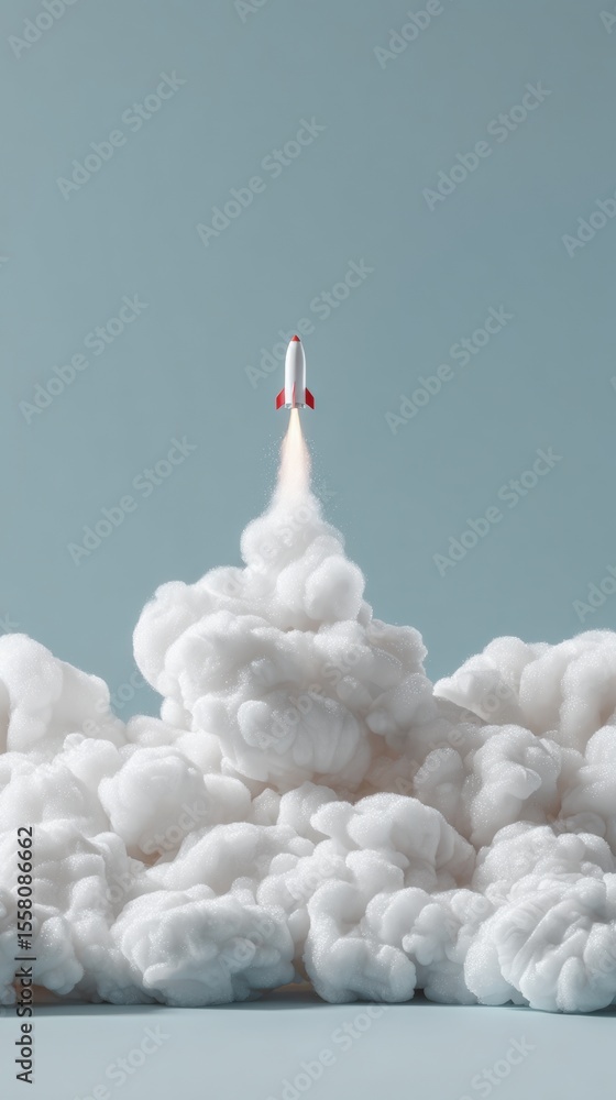 Poster whimsical toy rocket launching from fluffy clouds with playful atmosphere for creative marketing and