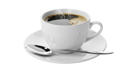Coffee cup with steaming coffee and spoon isolated PNG with Transparent Background