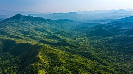 Fototapeta premium Lush Green Mountain Range Aerial View Panoramic Landscape 