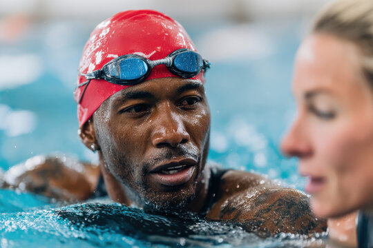 Personal coach encouraging swimmer when swimming indoors in swimming pool