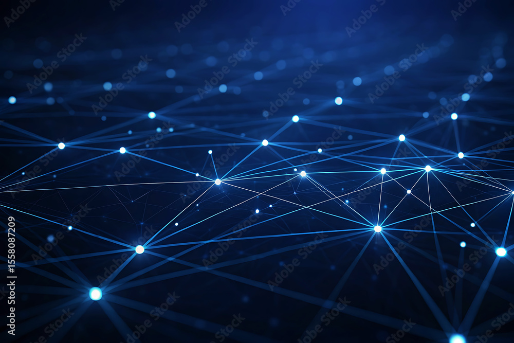 Poster abstract glowing blue network of connected lines and nodes on dark background