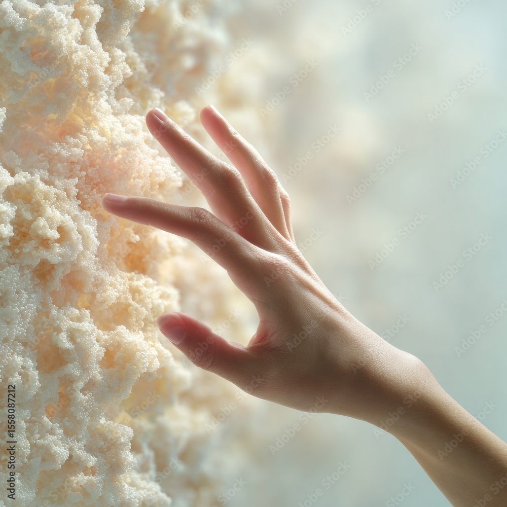 Poster modern human hand gently touching textured surface with soft granular detail - innovative tactile in