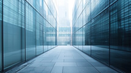Obraz premium A modern, glass-walled hallway with a reflective surface, leading to a distant view of a city skyline.