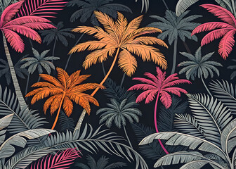 Vibrant tropical palm leaves pattern on dark background.Desktop wallpaper