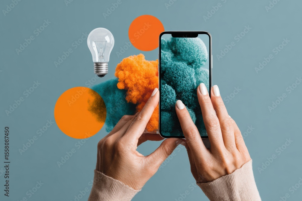 Poster creative digital marketing concept with funnel icon sketching on smartphone and lightbulb innovation