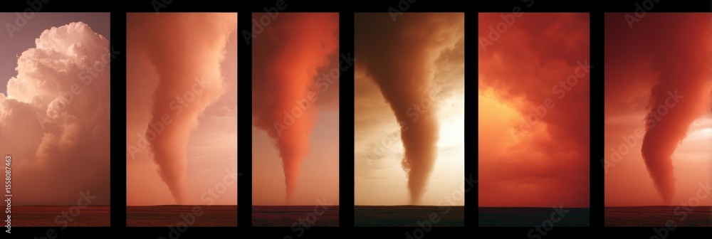 Poster Dramatic Tornado Development Sequence over Open Plain with Vibrant Orange Skies Illustrating Meteorological Transformation for Educational Use