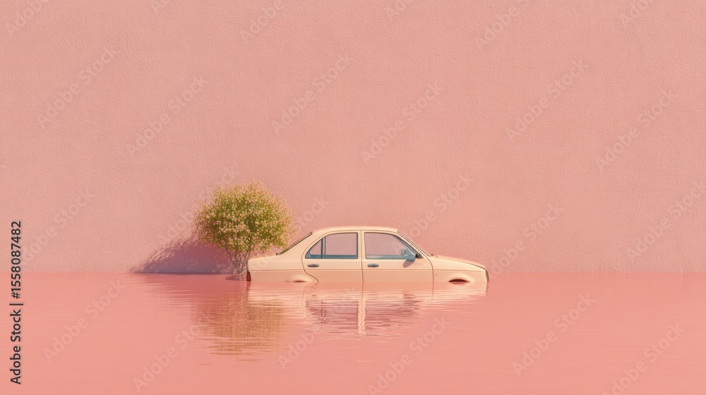 Poster minimalist pastel scene of a car partially submerged in pink water with small tree, symbolizing floo