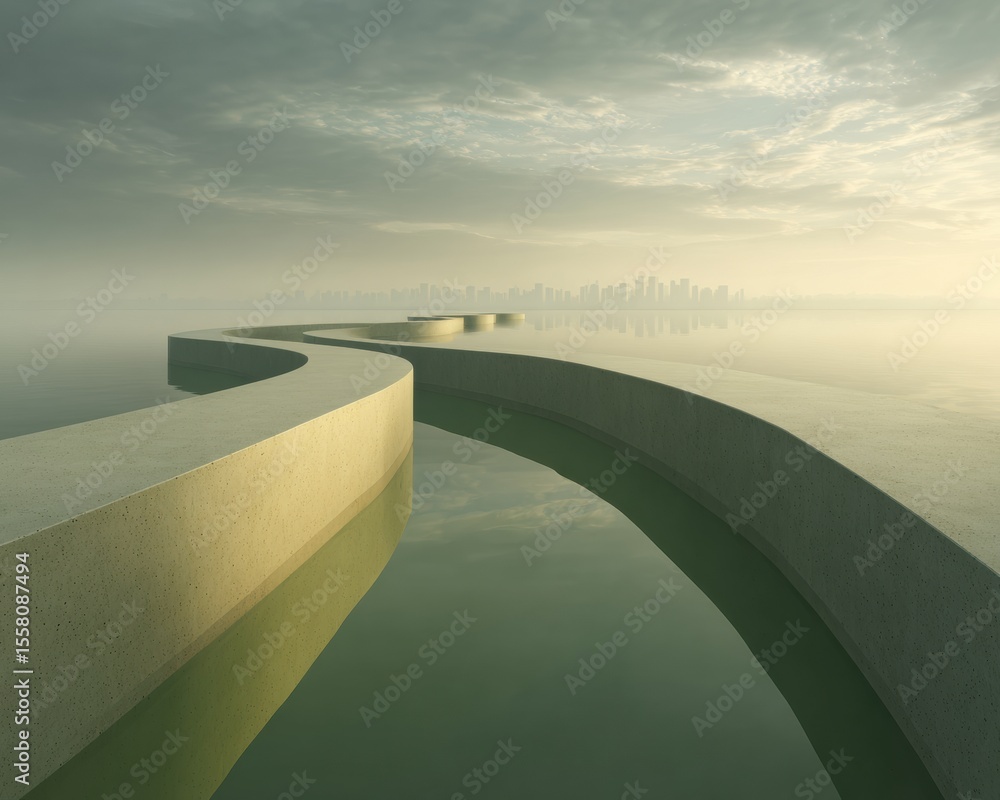 Aufkleber Modern Flood Barrier Architecture with MOSE System in Hazy Lagoon at Dawn Symbolizing Advanced Climate Resilience and Urban Preservation Innovation