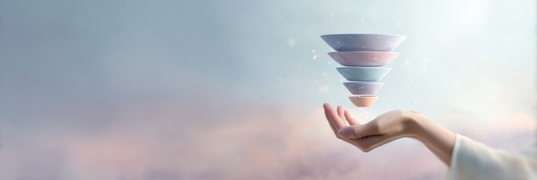 Futuristic Digital Marketing Funnel with Outstretched Hand Supporting Online Conversion Stages for Business Innovation and Client Acquisition
