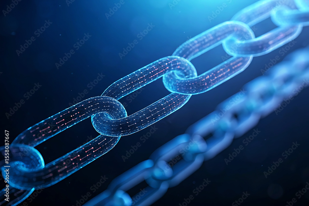 Poster abstract glowing blue digital chain links representing blockchain technology and connectivity