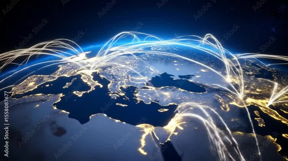 Poster animated global network connecting european cities with data and communication lines