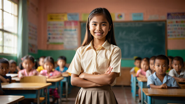 Confident Asian schoolgirl smiling, arms crossed, classroom background.