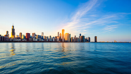Naklejka premium Chicago Skyline Golden Hour: Serene Lake Michigan Sunset Panorama