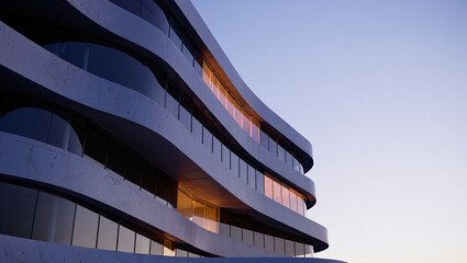 Modern Concrete Building Exterior, Sunset Light, Architectural Detail, Serene Mood