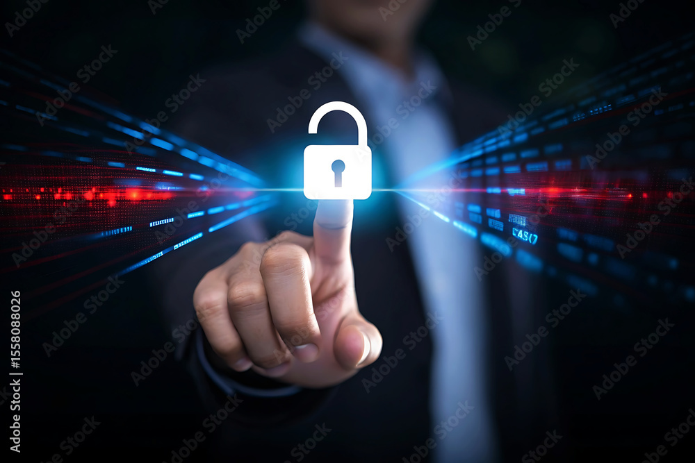 Poster person touching an unlocked padlock icon with abstract data streams in the background