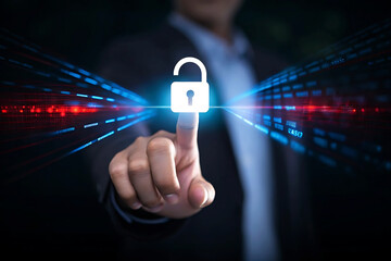 Person touching an unlocked padlock icon with abstract data streams in the background