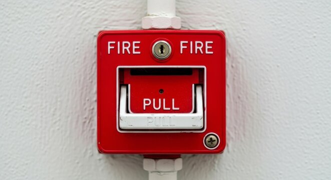A red fire alarm box is mounted on a white textured wall. - Powered by Adobe