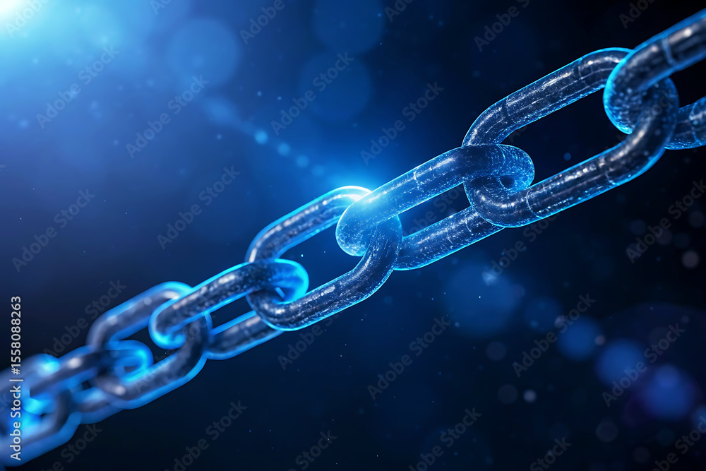 Poster abstract glowing blue chain links connected in a digital network on a dark background