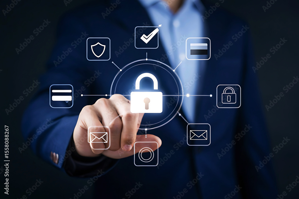 Poster businessman touching a digital interface with security and communication icons