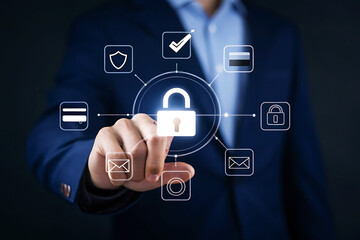 Businessman touching a digital interface with security and communication icons