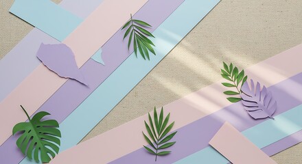 Pastel Paper Strips with Green Leafy Shapes on Textured Background