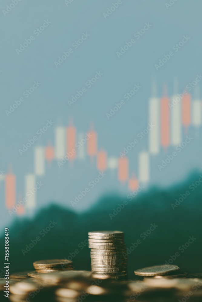 Poster Modern Financial Trading Concept with Currency Pair Buttons and Coin Stacks Against Candlestick Chart - Investment Strategy and Market Analysis