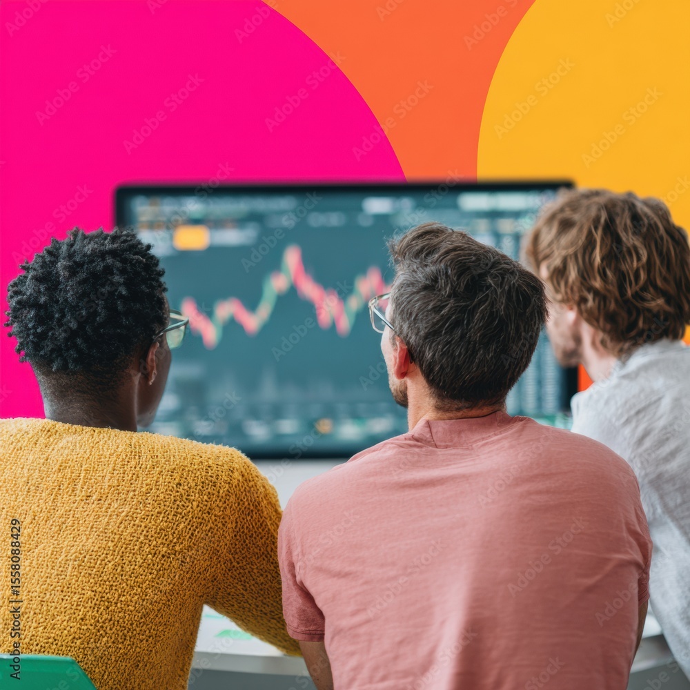 Poster Diverse business team analyzing crypto portfolio trends on digital screen with real-time trading data in modern office for innovative investment strategies