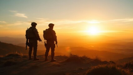 Fototapeta premium Silhouette of two soldiers standing on a mountaintop looking out at the sunset.