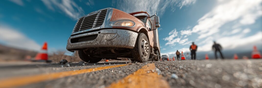Fototapeta Modern Crash Investigation Scene with Police Officers Assessing Truck and Car Accident on Multilane Road for Transportation Safety and Law Enforcement Campaigns