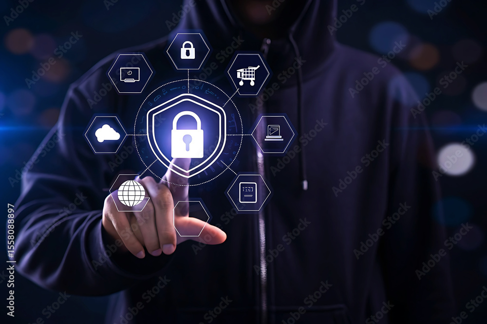 Poster hacker interacting with digital security icons for data protection and online safety