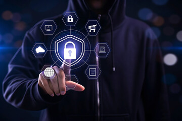 Hacker interacting with digital security icons for data protection and online safety