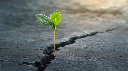 A small green plant is growing in the middle of a rocky, cracked ground. The plant is surrounded by a barren landscape, with no other vegetation in sight. Concept of resilience and hope