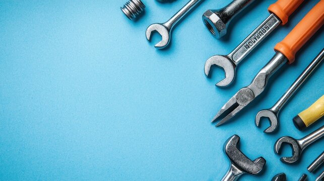 A collection of tools arranged on a blue background.