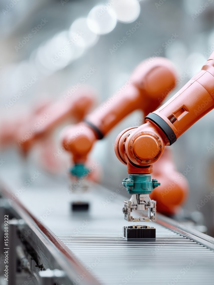 Poster Advanced robotic arms assembling battery modules on automated conveyor in modern industrial setting, showcasing innovation and efficient smart manufacturing technology