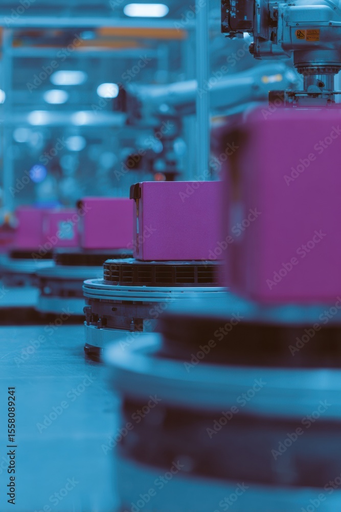 Aufkleber Autonomous Robots Transporting Machine Parts on AGVs in a High-Tech Factory Floor, Showcasing Industrial Automation and Smart Manufacturing Synergy