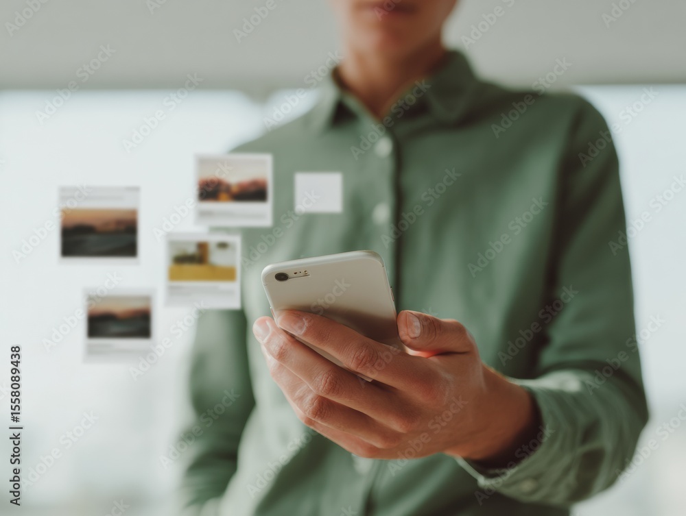 Aufkleber Person Using Smartphone with Digital Job Search Interface and Floating Icons for Innovative Recruitment and Tech-driven Career Solutions