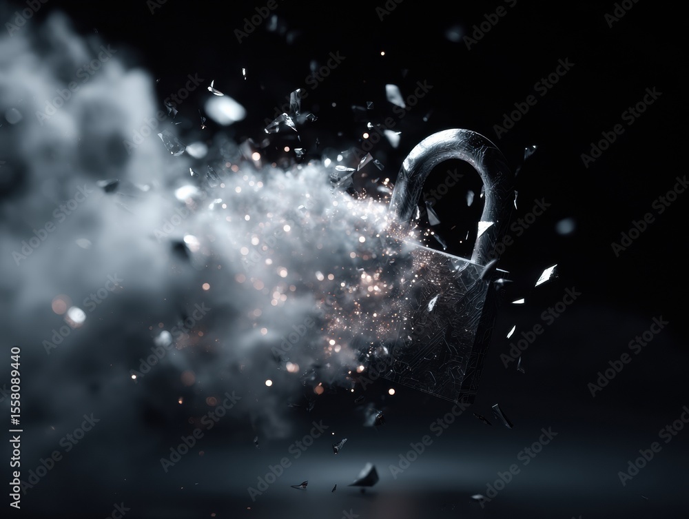 Poster Exploding metallic padlock with sparks and shattered fragments in dark moody setting symbolizing cybersecurity breach risks and urgent digital protection measures