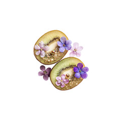 Fototapeta premium Two Kiwi Fruit Slices Decorated with Purple and Pink Flowers and Gold Glitter