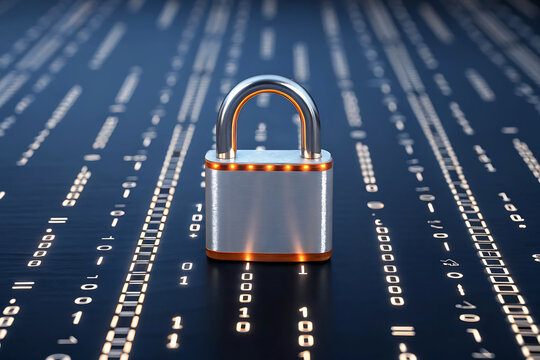 Digital security concept with a metal padlock on a binary code background