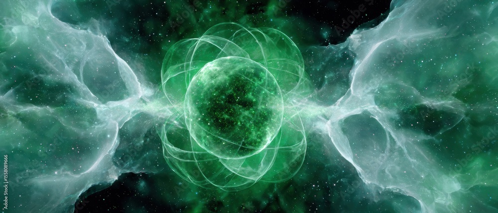 Poster Futuristic Quantum Atomic Structure with Dual Electron Paths and Dense Nucleus in Green Holographic Style for Scientific and Tech Innovation Content