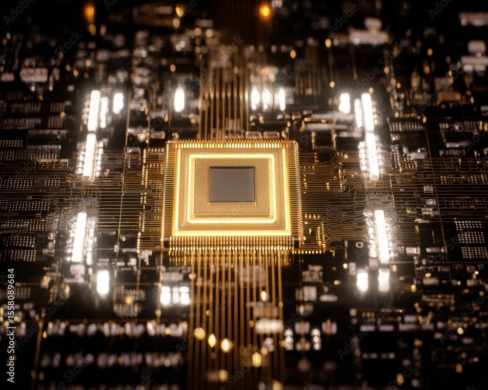 Poster Quantum optimization processor on gold circuit board with interconnected pathways, showcasing advanced AI chip design for next-generation computing technology