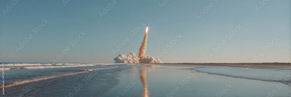 Poster rocket launch over calm coastal waters reflecting clear sky in tranquil scene symbolizing exploratio