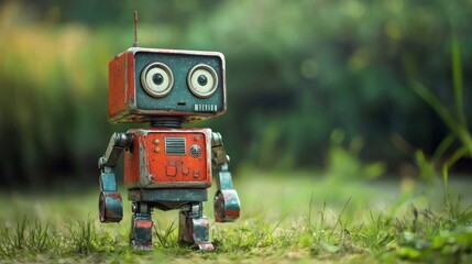 A small, red robot with a green antenna stands on a grassy lawn with a blurred background of greenery.