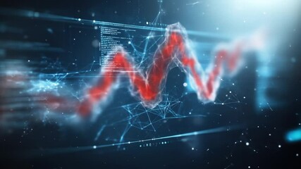 Abstract digital graphic with flowing red data visualization on a screen with code and network connections - Powered by Adobe