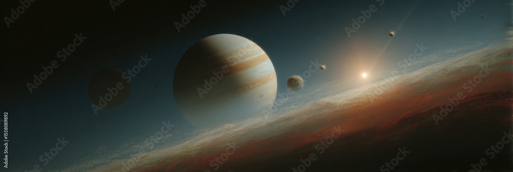 Aufkleber Cosmic Planet Alignment with Glowing Edges and Space Haze in a Distant Starfield - Science Marketing and Astronomical Wonder for Digital Branding