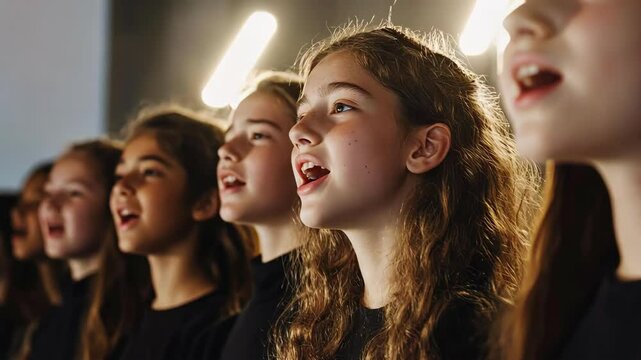 A youth choir passionately singing in unison with bright lights.