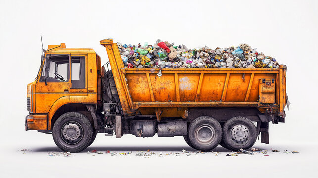 A dump truck is full of trash. The truck is yellow and has a large open dump bed. The trash is piled high and he is a mix of different materials. Concept of waste and pollution