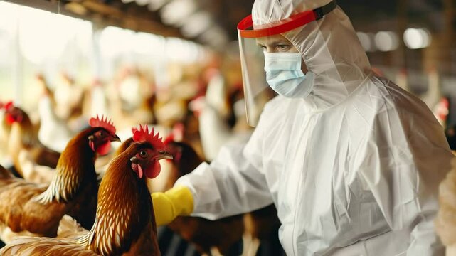 Biosecurity Measures at a Poultry Farm with a Worker in Protective Gear