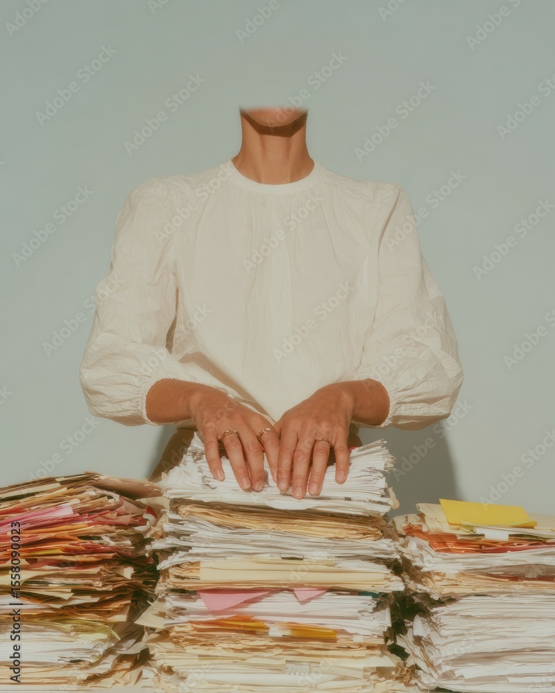 Poster overwhelmed investor preparing documents among large stacks of organized reports with sticky notes a