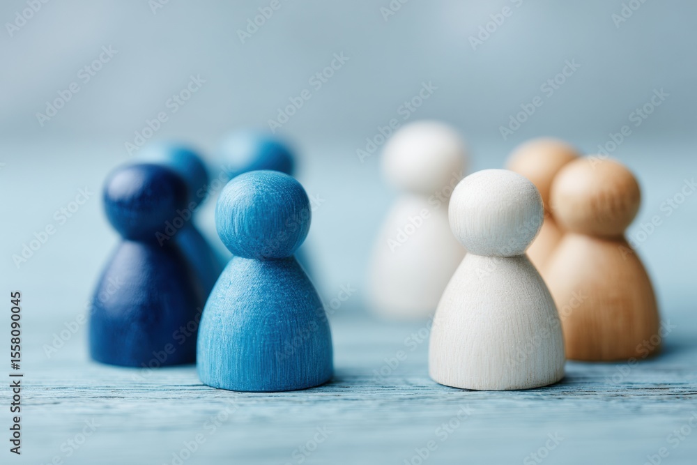 Poster Minimalist Wooden Dolls with Exchange Arrows Symbolizing Peer-to-Peer Communication and Knowledge Sharing for Modern Networking and Collaboration